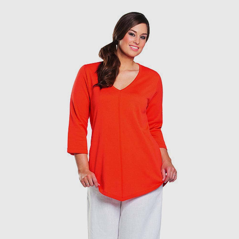 Shirt lang, glatt, V-Ausschn, 7/8 Arm